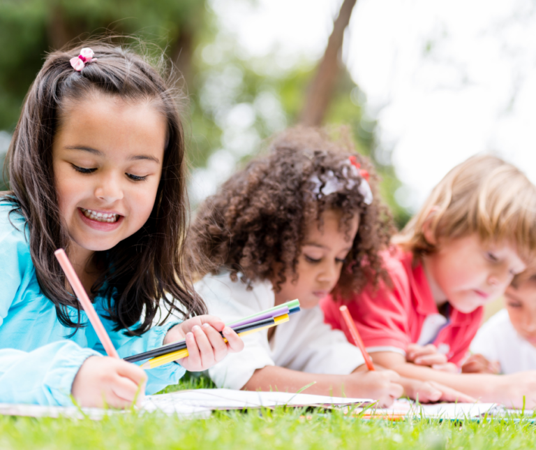 kids coloring color by code in grass